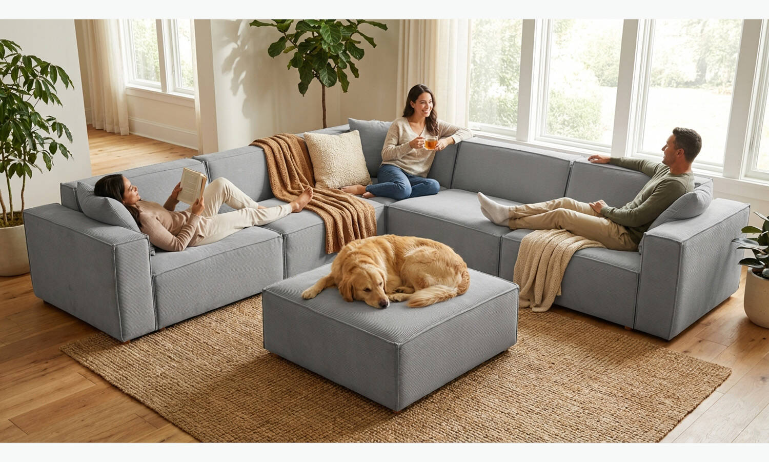 Asana 4 Tekli Köşe Puf Fitilli Kadife Gri - 3