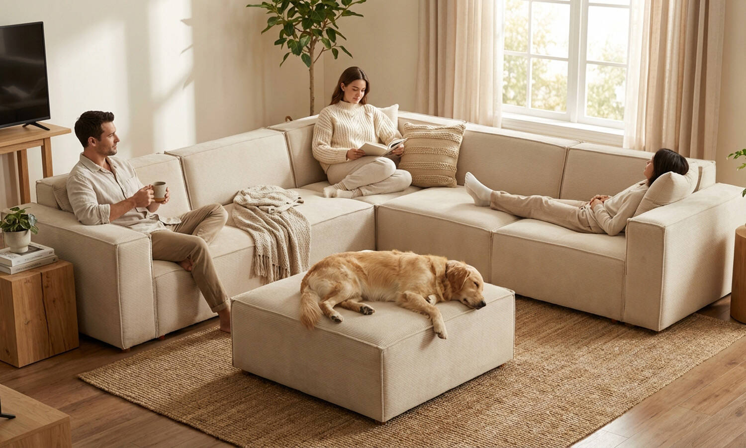 Asana 4 Tekli Köşe Puf Fitilli Kadife Krem - 2