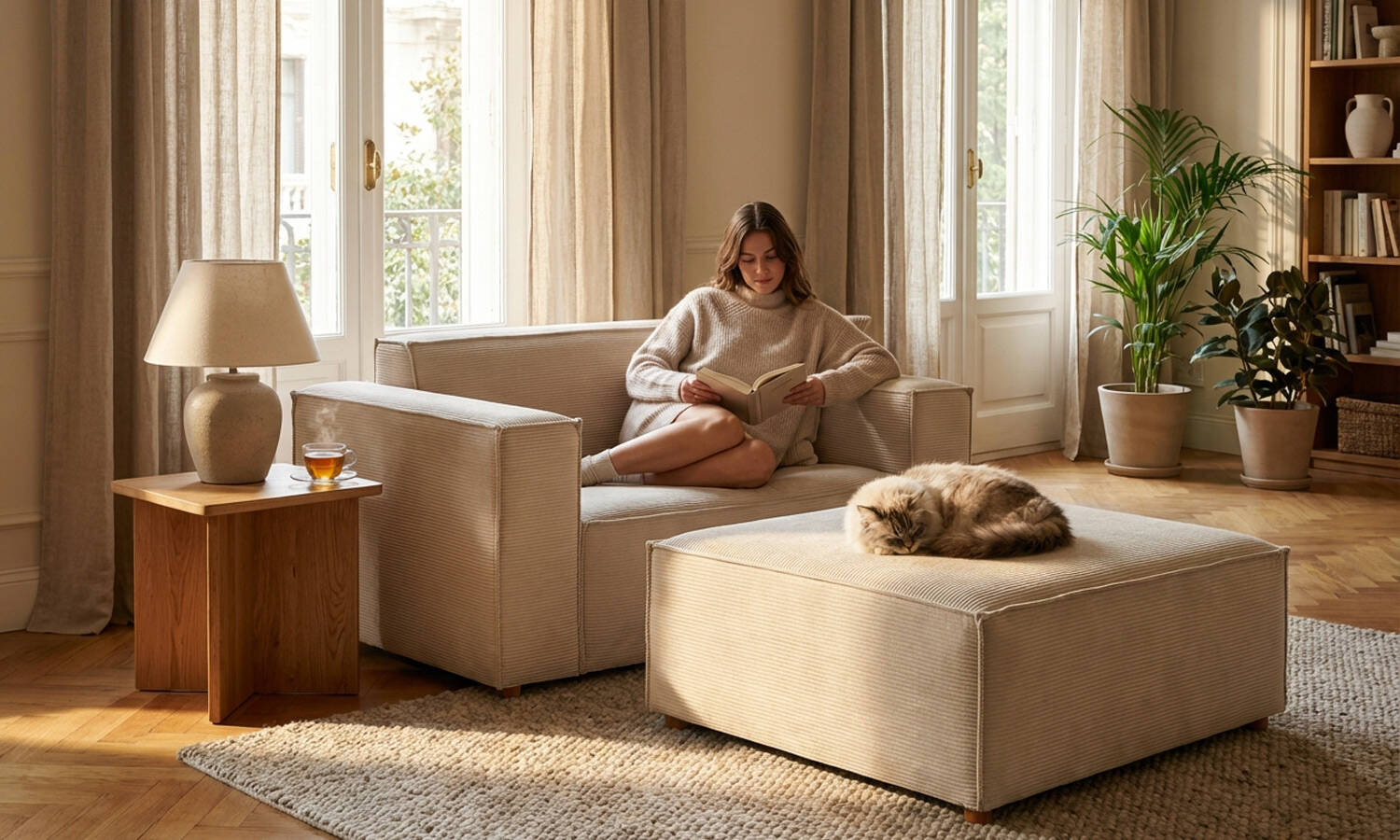 Asana Tekli Puf Fitilli Kadife Krem - 2