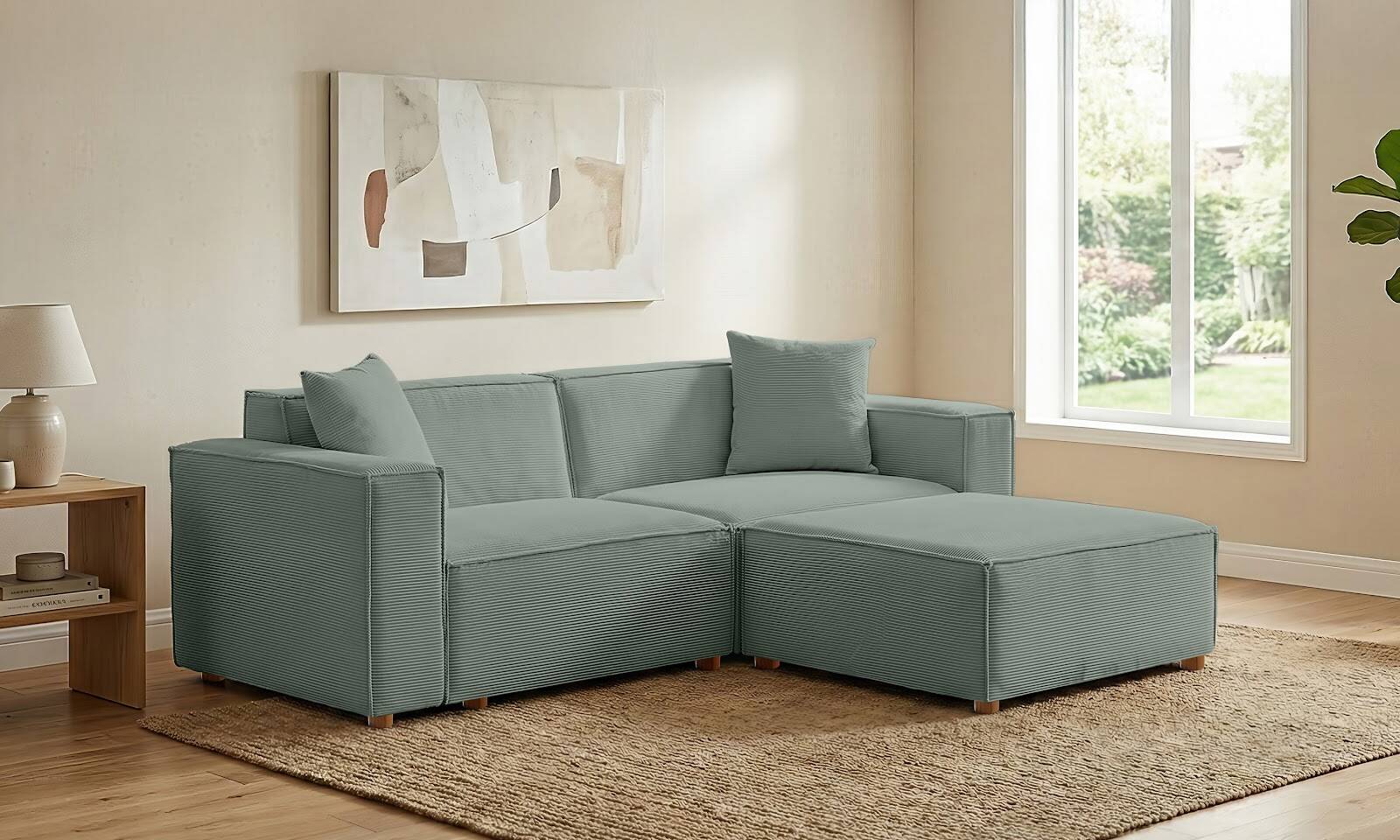 Asana Üçlü Puf Fitilli Kadife Pastel Mavi - 2